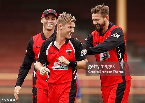 Adam Zampa of South Australia celebrates with team mates after claiming the wicket of Shane Watson of NSW during the Matador BBQs One Day Cup match...