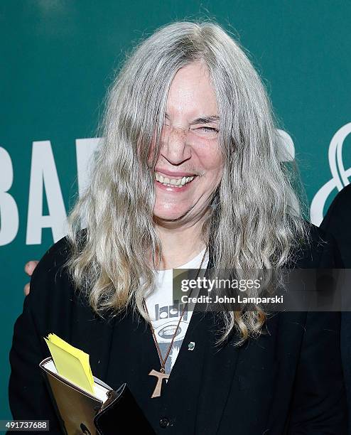 Patti Smith signs copies of "M Train" at Barnes & Noble Union Square on October 7, 2015 in New York City.