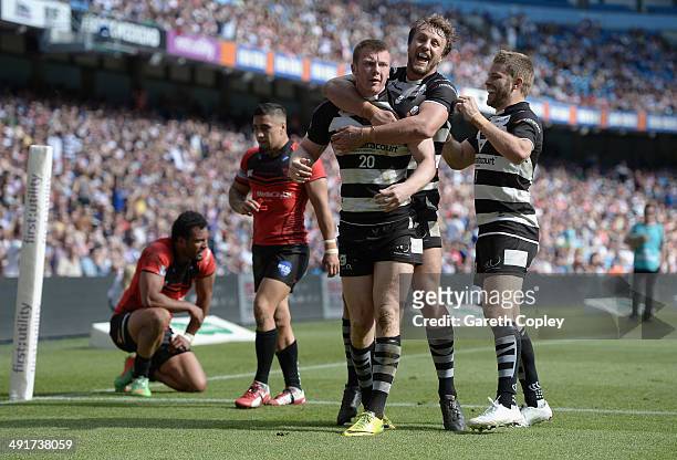 Paddy Flynn of Widnes Vikings celebrates scoring his second try during the Super League match between Widnes Vikings and Salford Red Devils at Etihad...