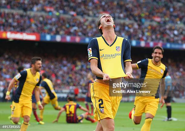 Diego Godin of Club Atletico de Madrid celebrates after scoring his goal during the La Liga match between FC Barcelona and Club Atletico de Madrid at...