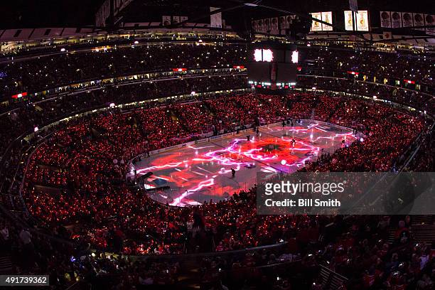 General view of the pre-game ceremonies of the the season opener between the Chicago Blackhawks and the New York Rangers during an NHL game at the...