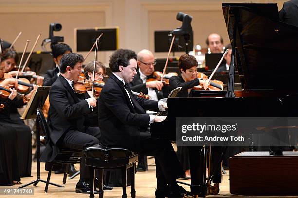 Pianist Evgeny Kissin performs on stage during the Carnegie Hall 125th season opening night gala at Carnegie Hall on October 7, 2015 in New York City.