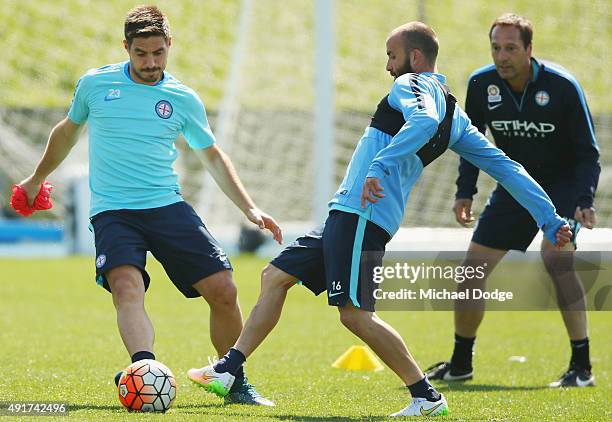 Bruno Fornaroli of the City and Joshua Kennedy compete for the ball during a Melbourne City FC A-League training session at City Football Academy on...