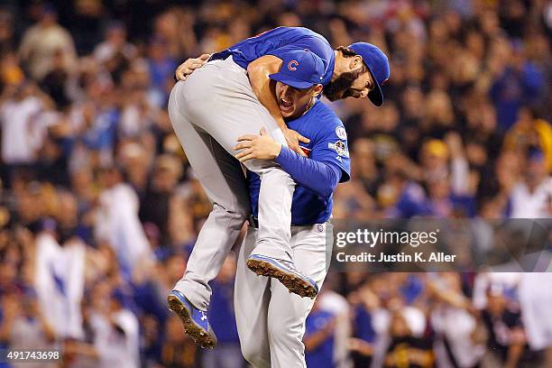 Jake Arrieta of the Chicago Cubs celebrates with Anthony Rizzo of the Chicago Cubs after defeating the Pittsburgh Pirates to win the National League...