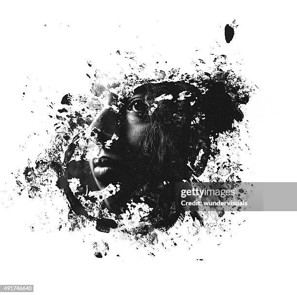 double exposure image of woman's face within a splatter form - woman face art stock pictures, royalty-free photos & images