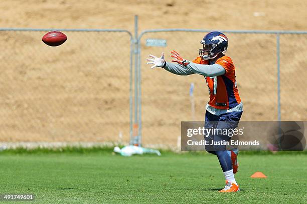 Linebacker Corey Nelson of the Denver Broncos participates in drills during rookie minicamp at Dove Valley on May 17, 2014 in Englewood, Colorado.