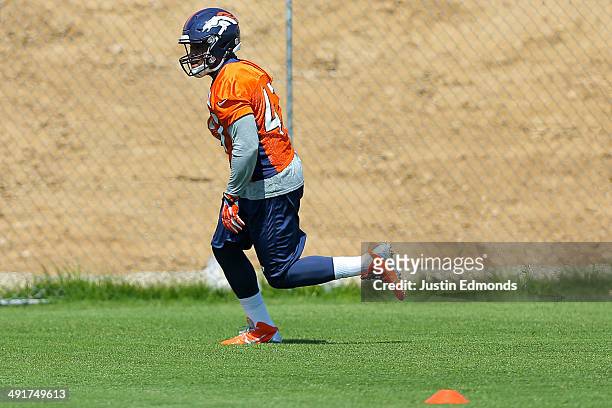Linebacker Corey Nelson of the Denver Broncos participates in drills during rookie minicamp at Dove Valley on May 17, 2014 in Englewood, Colorado.