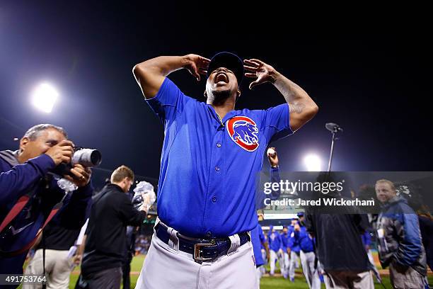 Pedro Strop of the Chicago Cubs celebrates defeating the Pittsburgh Pirates to win the National League Wild Card game at PNC Park on October 7, 2015...