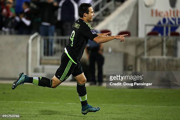 Erick Torres of Mexico celebrates his goal in the 65th minute against Honduras to take a 2-1 lead during 2015 CONCACAF Olympic Qualifying at Dick's...