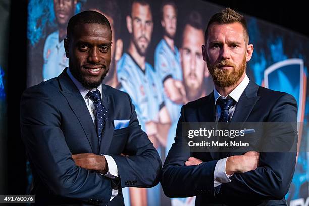 Jacques Faty and Shane Smeltz of Sydney FC pose during the Sydney FC A-League season launch at The Westin hotel on October 8, 2015 in Sydney,...