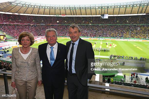 Wolfgang Niersbach, President of German Football Association talks to German President Joachim Gauck and his wife Daniela Schadt prior to the DFB Cup...