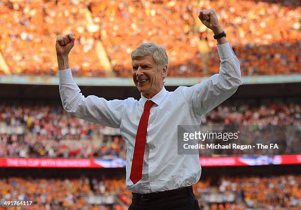 Arsene Wenger, manager of Arsenal celebrates during the FA Cup with Budweiser Final match between Arsenal and Hull City at Wembley Stadium on May 17,...