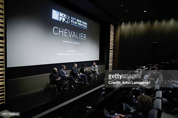 Vangelis Mourikis, Yorgos Pirpassopoulos, Panos Koronis and Filmmaker Athina Rachel Tsangari attend "Chevalier" Q&A during 53rd New York Film...