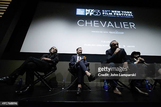 Vangelis Mourikis, Yorgos Pirpassopoulos, Panos Koronis and Filmmaker Athina Rachel Tsangari attend "Chevalier" Q&A during 53rd New York Film...