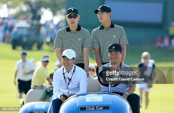 Choi of South Korea the International team vice-captain with Sangmoon Bae of South Korea and Danny Lee of New Zealand during the Thursday foursomes...