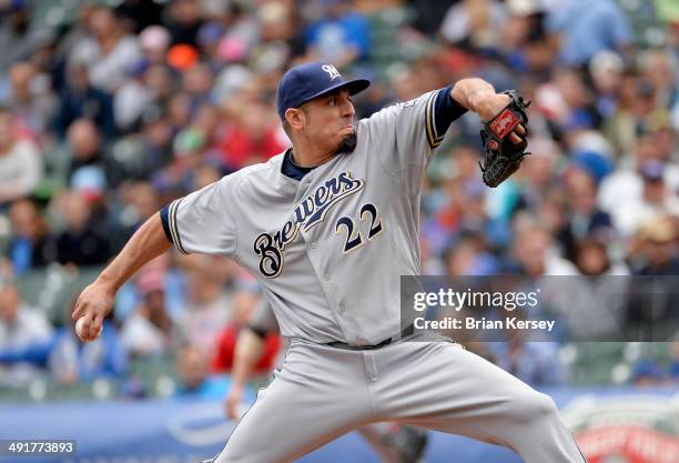 Starting pitcher Matt Garza of the Milwaukee Brewers delivers a pitch during the first inning against the Chicago Cubs at Wrigley Field in Chicago,...