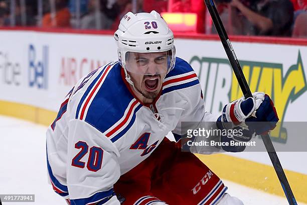 Chris Kreider of the New York Rangers celebrates after scoring a second period goal against the Montreal Canadiens in Game One of the Eastern...