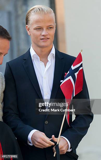 Marius Hoiby greets the Childrens Parade on the Skaugum Estate on May 17, 2014 in Oslo, Norway.