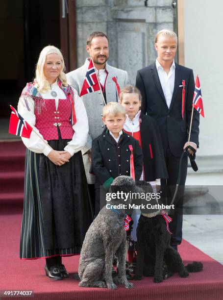 Crown Prince Haakon of Norway and Crown Princess Mette-Marit of Norway with Princess Ingrid Alexandra, Prince Sverre Magnus and Marius Hoiby greet...