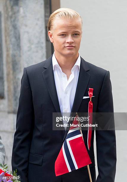 Marius Hoiby greets the Childrens Parade on the Skaugum Estate on May 17, 2014 in Oslo, Norway.