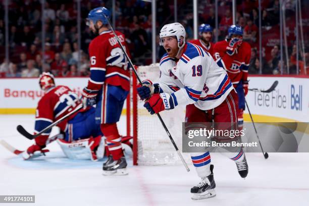 Brad Richards of the New York Rangers celebrates after scoring a second period goal against the Montreal Canadiens in Game One of the Eastern...