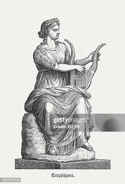 terpsichore - greek muse, published in 1878 - lyre stock illustrations