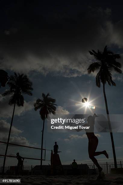 Heather McGuire United States serves during the FIVB Puerto Vallarta Open at Camarones Beach on October 07, 2015 in Puerto Vallarta, Mexico.