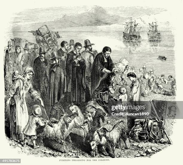 stockillustraties, clipart, cartoons en iconen met puritans embarking for the colonies - kolonie