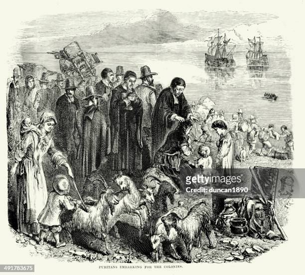 puritans embarking for the colonies - hawthorn,_victoria stock illustrations