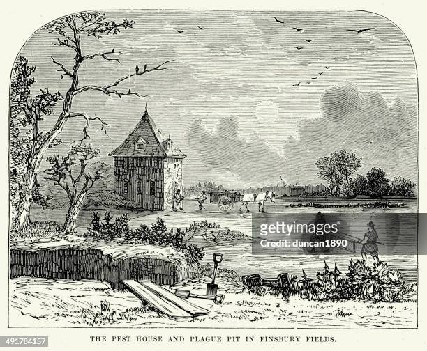 plague pit in finsbury fields - epidemie stock illustrations