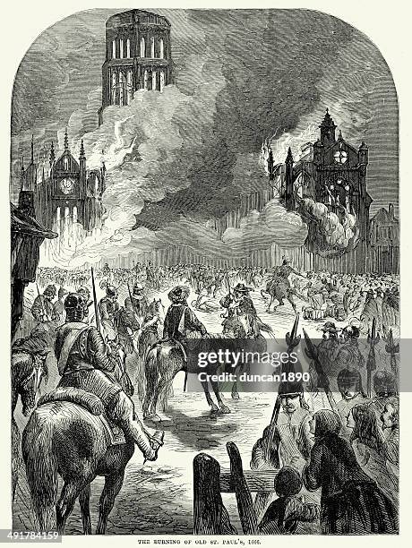 bildbanksillustrationer, clip art samt tecknat material och ikoner med burning of old st paul's - great fire of london