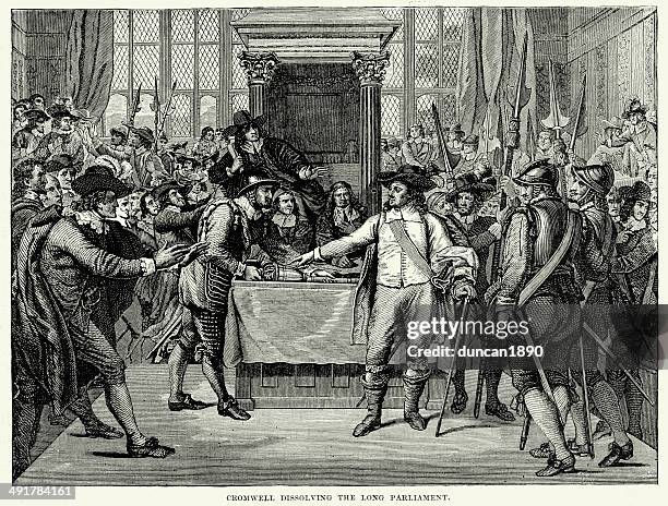 cromwell dissolving the long parliament - 17th century london stock illustrations