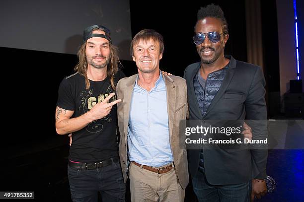 Frah from Shaka Ponk, Nicolas Hulot and Marco Prince attend the Nicolas Hulot foundation conference ' L'appel de Nicolas Hulot ' at Le Grand Rex on...