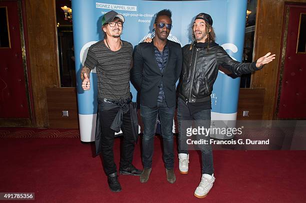 Cyril Shakaponk, Marco Prince and Frah from Shaka Ponk attend the Nicolas Hulot foundation conference ' L'appel de Nicolas Hulot ' at Le Grand Rex on...