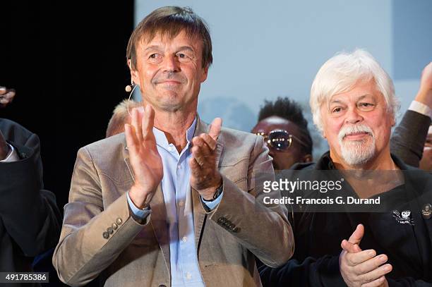 Paul Watson and Nicolas Hulot foundation hold the conference ' L'appel de Nicolas Hulot' at Le Grand Rex on October 7, 2015 in Paris, France.