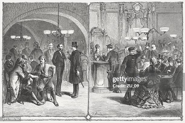 viennese coffee houses, 19th century, wood engraving, published in 1876 - vienna virginia stock illustrations