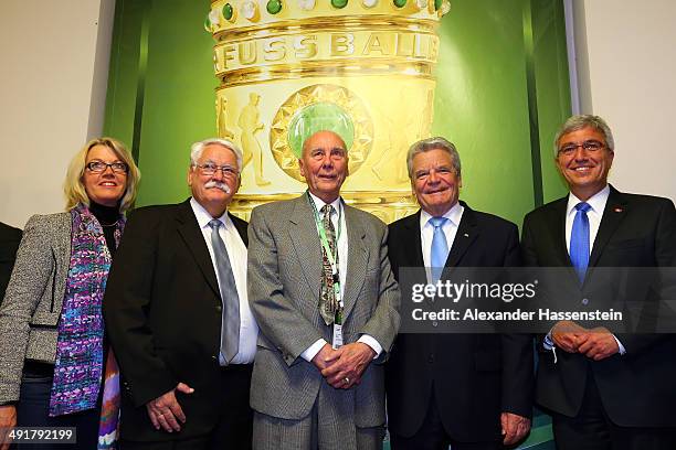 Walter Desch, Horst Eckel, German President Joachim Gauck, Roger Lewentz pose prior to the DFB Cup Final match between Borussia Dortmund and FC...