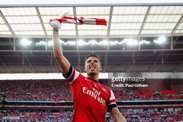 Olivier Giroud of Arsenal celebrates victory after the FA Cup with Budweiser Final match between Arsenal and Hull City at Wembley Stadium on May 17,...