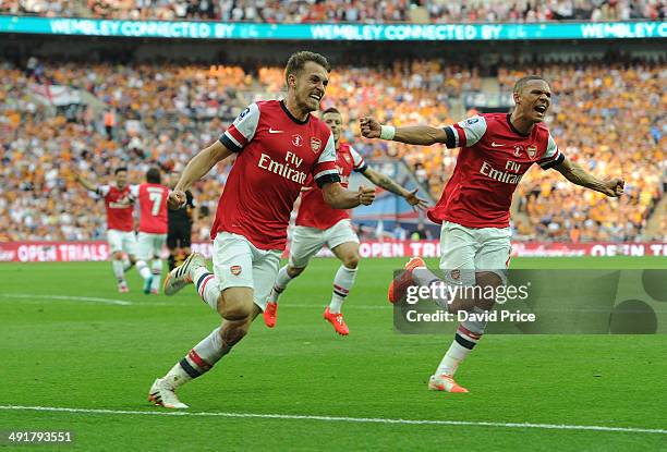 Aaron Ramsey celebrates scoring Arsenal's 3rd goal with Kieran Gibbs during the match between Arsenal and Hull City in the FA Cup Final at Wembley...