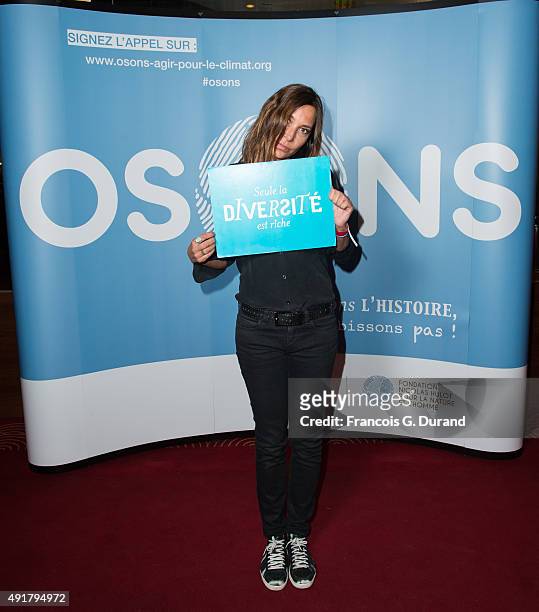 Zazie attends the Nicolas Hulot foundation conference ' L'appel de Nicolas Hulot' at Le Grand Rex on October 7, 2015 in Paris, France.