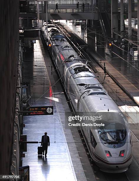 Passengers board AVE high-speed trains at Atocha train station on October 8, 2015 in Madrid, Spain. A total of 20 trains and 7,000 travellers were...