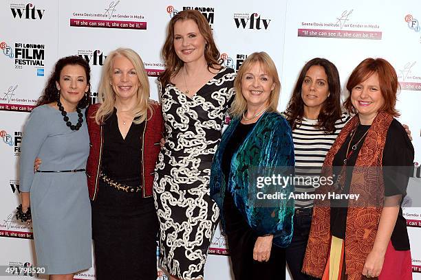 Madeline Di Nonno, Amanda Nevill, Geena Davis, Kate Kinninmont, Elizabeth Karlsen and Claire Stewart attend the Geena Davis symposium during the BFI...