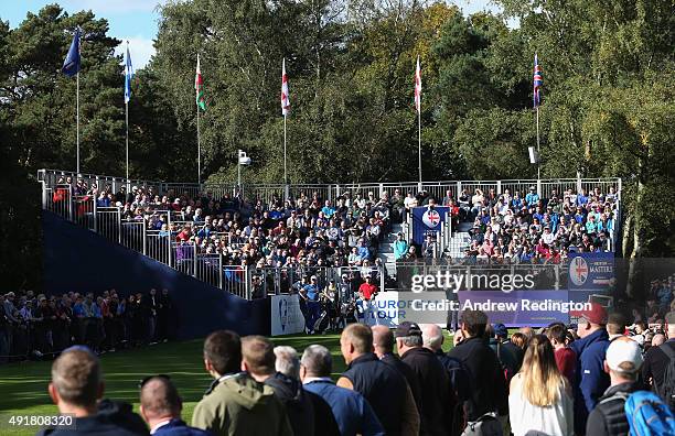 Lee Westwood of England hits his tee-shot on the first during the first round of the British Masters supported by Sky Sports at Woburn Golf Club on...