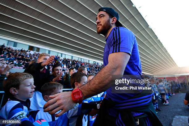 Nehe Milner-Skudder of the All Blacks meets fans during a New Zealand All Blacks Community Event on October 8, 2015 in Darlington, United Kingdom.