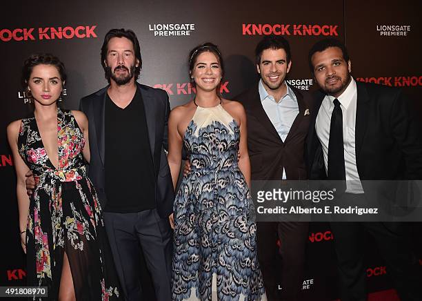 Actors Ana de Armas, Keanu Reeves, Lorenza Izzo, Director Eli Roth and producer Aaron Burns attend the premiere of Lionsgate's "Knock Knock" at TCL...