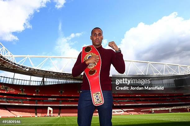James DeGale poses for a photo during the press conference ahead of the fight between James DeGale and Lucian Bute at Emirates Stadium on October 8,...