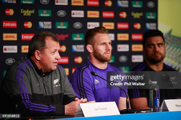 Assistant Coach Ian Foster speaks alongside Kieran Read and Liam Messam following a New Zealand All Blacks Captain's Run at St James Park on October...