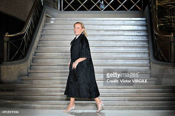Fashion designer Miuccia Prada walks the runway during the Miu Miu Ready to Wear show as part of the Paris Fashion Week Womenswear Spring/Summer 2016...