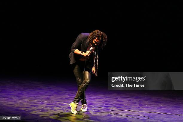 British comedian Russel Brand performs at Montecasino as part of his Trew World Order tour on September 29, 2015 in Johannesburg, South Africa. Brand...