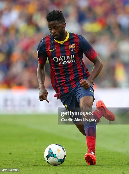 Alex Song of FC Barcelona during the La Liga match between FC Barcelona and Club Atletico de Madrid at Camp Nou on May 17, 2014 in Barcelona, Spain.